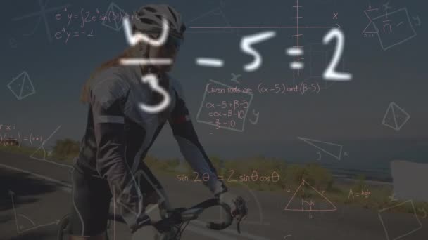 Animation Mathematical Equations Caucasian Woman Riding Bike Global Sport Computing — Stockvideo