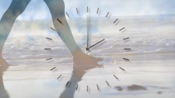 Composite Video Ticking Clock Low Section Person Walking Beach Nature — Wideo stockowe