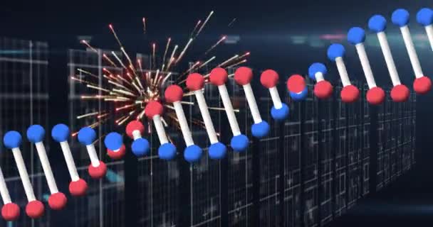 Animation Graphical Dna Helix Rotating Firework Exploding Abstract Background Digitally — ストック動画