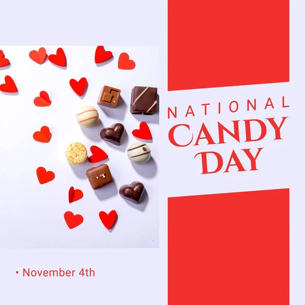 Composition of national candy day text over heart candy and chocolates. National candy day and celebration concept digitally generated image.
