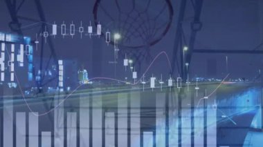 Animation of financial data processing over diverse basketball players and cityscape. global business, sport and data processing concept digitally generated video.