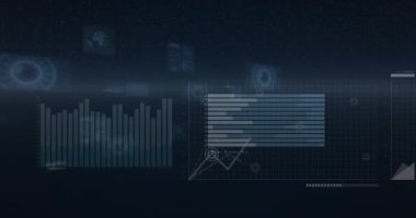 Animation of graphs, world map and data processing on dark interface screens. Global communication, business, data and digital interface concept digitally generated video.