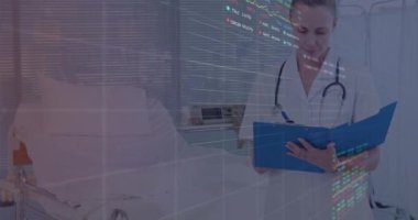 Animation of financial data processing over female caucasian doctor. Global medicine, technology, data processing and digital interface concept digitally generated video.