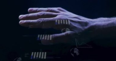 Animation of hands of caucasian man using touchscreen with diverse data. Digital interface, computers and data processing concept digitally generated video.