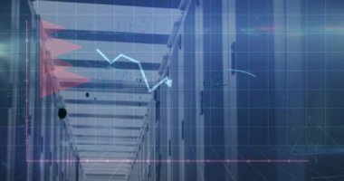 Animation of graphs and lights over servers. Global network, connections, communication, data processing, finance and technology concept digitally generated video.
