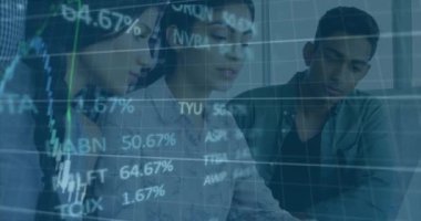 Animation of financial data processing over businesses people. global business, finances, data processing and digital interface concept digitally generated video.