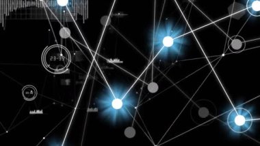 Animation of network of connections with glowing spots and data processing on black background. Global technology, computing and digital interface concept digitally generated video.