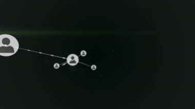 Karanlık arkaplan üzerindeki simgelerle bağlantı ağının animasyonu. Küresel bilim, bağlantılar, veri işleme ve dijital arayüz kavramı dijital olarak oluşturulmuş video.