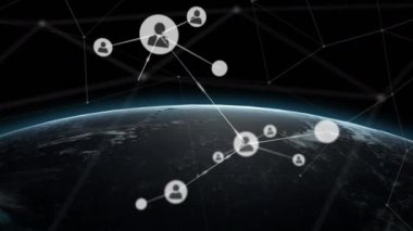 Dünya üzerindeki insan simgeleriyle bağlantı ağının animasyonu. küresel bağlantılar, ağlar ve dijital arayüz konsepti dijital olarak oluşturulmuş video.