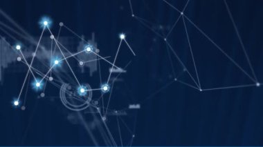Animation of network of connections with glowing spots and data processing on black background. Global technology, computing and digital interface concept digitally generated video.