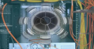 Animation of scan scoping over caucasian female server room worker. Global connections, data processing and digital interface concept digitally generated video.