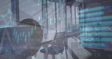 Animation of statistics and financial data processing over office. Global business, connections, networks and data processing concept digitally generated video.