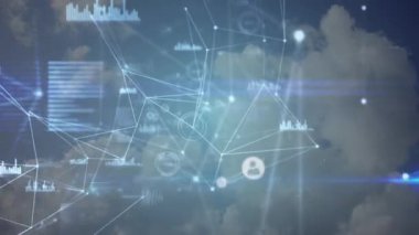 Animation of data processing over clouds and plane. Global business and digital interface concept digitally generated video.