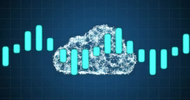 Animation of graphs and brain over navy background. Global network, connections, communication, data processing, finance and technology concept digitally generated video.