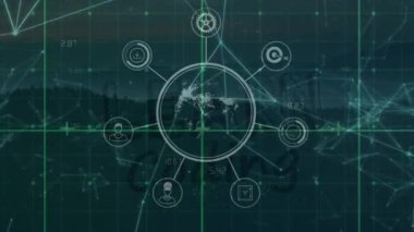 Animation of globe and network of connections over landscape. global connections, computing and digital interface concept digitally generated video.