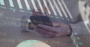 Animation of statistics and financial data processing over caucasian man using smartphone. Global business, connections, networks and data processing concept digitally generated video.