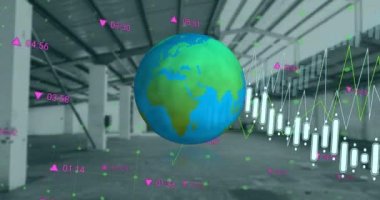 Animation of financial graphs and globe over empty hall. Global finance, economy and real estate concept digitally generated video.