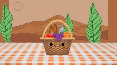 Animation of basket with food over landscape. Abstract background and digital interface concept digitally generated video.
