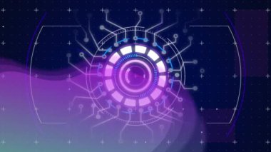 Animation of digital screen with diverse data, purple stain and processing circle. Data processing, network, connections and digital interface concept digitally generated video.