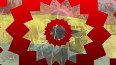 Animation of red shapes over flag of ghana over caucasian male soldier. Army, soldiers and patriotism concept digitally generated video.