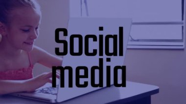Animation of social media text banner over caucasian girl using laptop at school. Social media networking and education technology concept