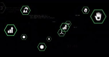 Animation of wavy lights and eco icons on black background. Eco awareness and technology concept digitally generated video.