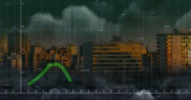 Şehir manzarası üzerinde veri işleme animasyonu. küresel bilim, bağlantılar, veri işleme ve dijital arayüz kavramı dijital olarak oluşturulmuş video.