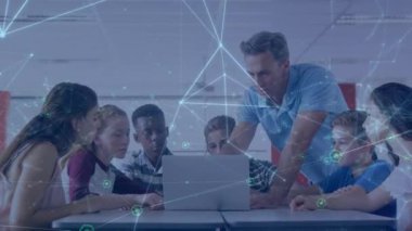 Animation of network of connections over students in classroom. education and learning concept digitally generated video.