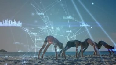 Animation of connections and data over group of diverse women practicing yoga at sea. sports, healthy, active lifestyle, connections and technology concept digitally generated video.