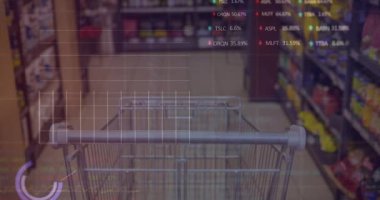 Animation of financial data processing over shopping cart. Global finances, connections, data processing and digital interface concept digitally generated video.