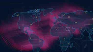 Animation of world map with data processing on dark background. Global science, connections, data processing and digital interface concept digitally generated video.