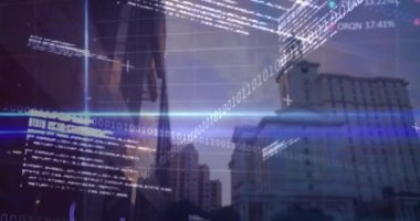 Animation of financial data, binary code and graphs over city buildings. Global finance, economy and technology concept digitally generated video.