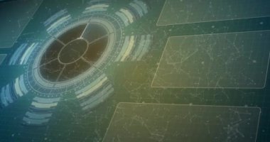 Animation of bitcoin signs over scope scanning and data processing on screens. Global business, finance and data processing concept digitally generated video.