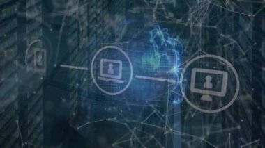Animation of shapes and media icons over server room. Global business and digital interface concept digitally generated video.