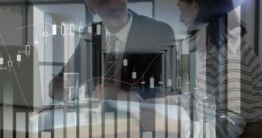 Animation of financial data processing over businesses people. global business, finances, data processing and digital interface concept digitally generated video.