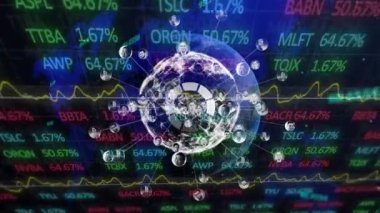 Animation of financial data processing over globe. Global data processing, business, finance and digital interface concept digitally generated video.