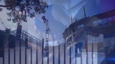 Animation of financial data processing over diverse basketball players and cityscape. global business, sport and data processing concept digitally generated video.