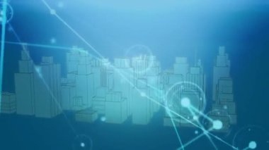 Animation of network of connections with icons over city. Global business and digital interface concept digitally generated video.