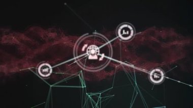 Animation of shapes and icons over black background. Global business and digital interface concept digitally generated video.