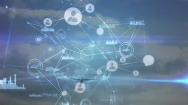 Animation of network of connections with icons over plane. Global business and digital interface concept digitally generated video.
