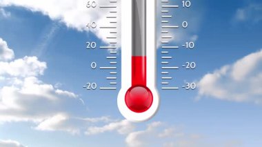 Animation of digital thermometer over sky with clouds. Global technology, computing and digital interface concept digitally generated video.