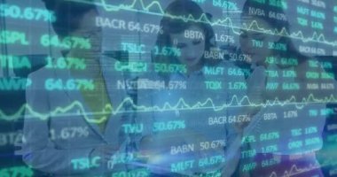 Animation of stock market over diverse business people. global business, finances and digital interface concept digitally generated video.