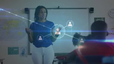 Animation of network of connections over biracial female teacher and diverse students. global education, connections, networks and communication concept digitally generated video.