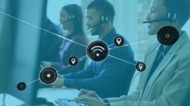 Animation of network of connections over diverse business people using phone headsets. global business, connections, networks and communication concept digitally generated video.
