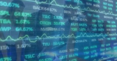 Animation of financial data processing over businesses people. global business, finances, data processing and digital interface concept digitally generated video.