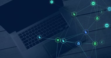 Animation of network of connections over laptop. Global science, connections, data processing and digital interface concept digitally generated video.