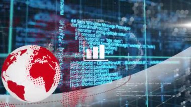 Animation of data processing over globe. Global data processing, business, finance and digital interface concept digitally generated video.
