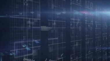 Animation of data processing over moving columns on black background. Global technology, computing and digital interface concept digitally generated video.