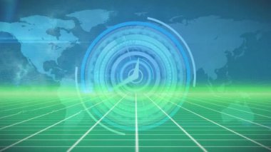 Animation of graphical scope scanning with timer moving in loop over grid pattern and world map. Hologram, digitally generated, multiple exposure, globalization, technology, artificial intelligence.