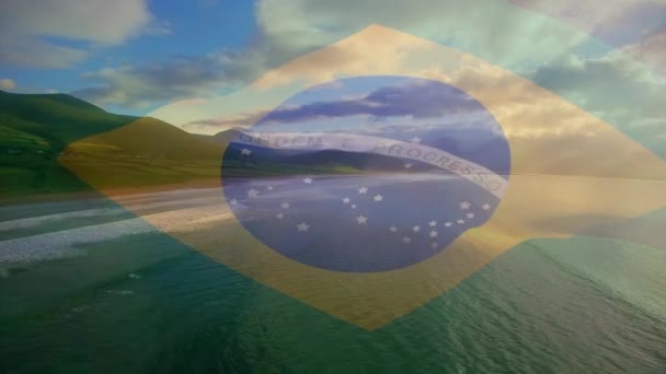 Composite Video Waving Brazil Flag Aerial View Beach Sea Waves — 图库视频影像